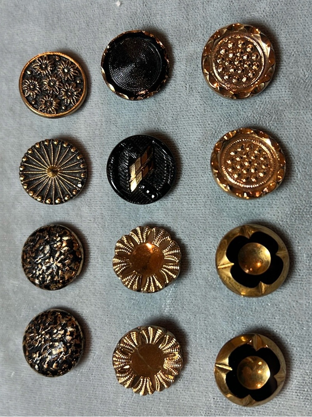 Vintage black glass gold luster buttons, pairs and singles, mid-century
